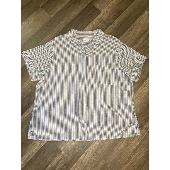 Croft & Barrow Tops - Croft & Barrow Woman Blue Linen Blend Stripes Short Sleeve Shirt Blouse XL